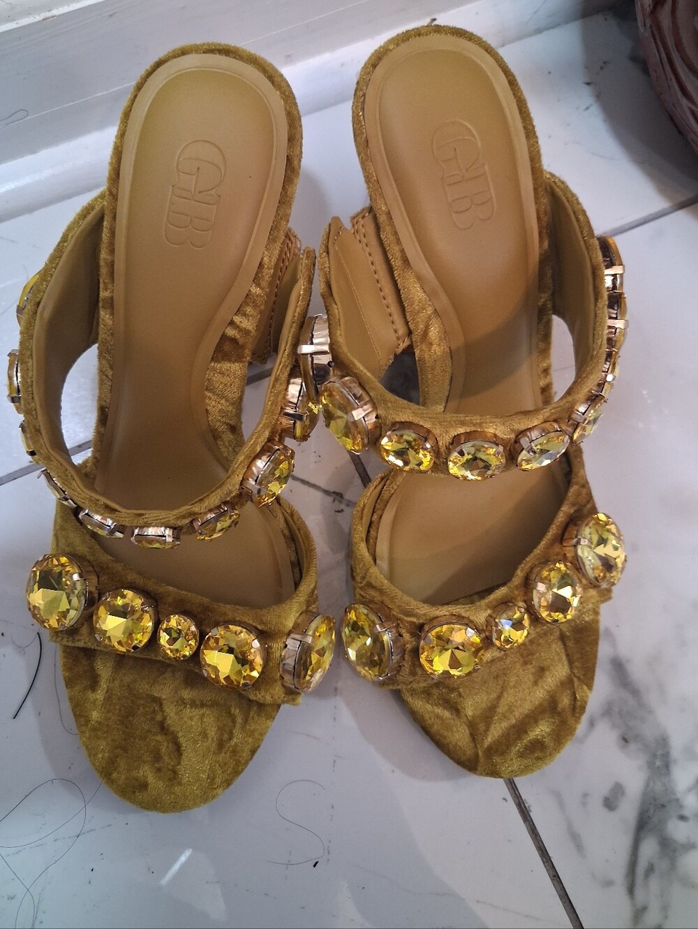G&B Yellow Jeweled Velvet Slide Mules